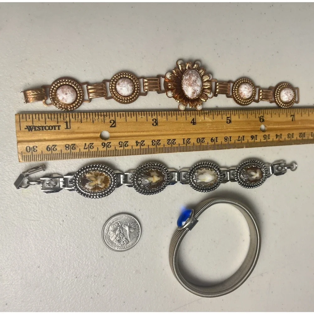 Old Vintage Bracelet Lot Copper Metal Links Mottled Flowers Tubogas Cabachon